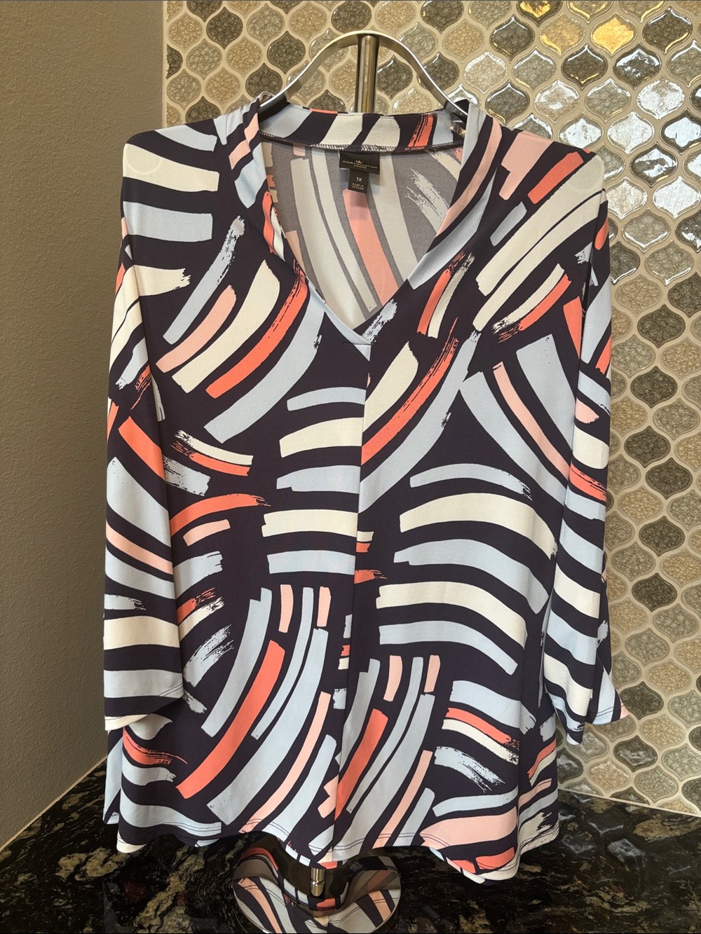 Worthington Navy V-Neck Blouse with Coral & Light Blue Brushstrokes